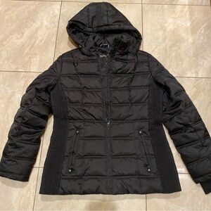 Nautica Black Quilted Hooded Puffer Jacket with Knit Side Panels